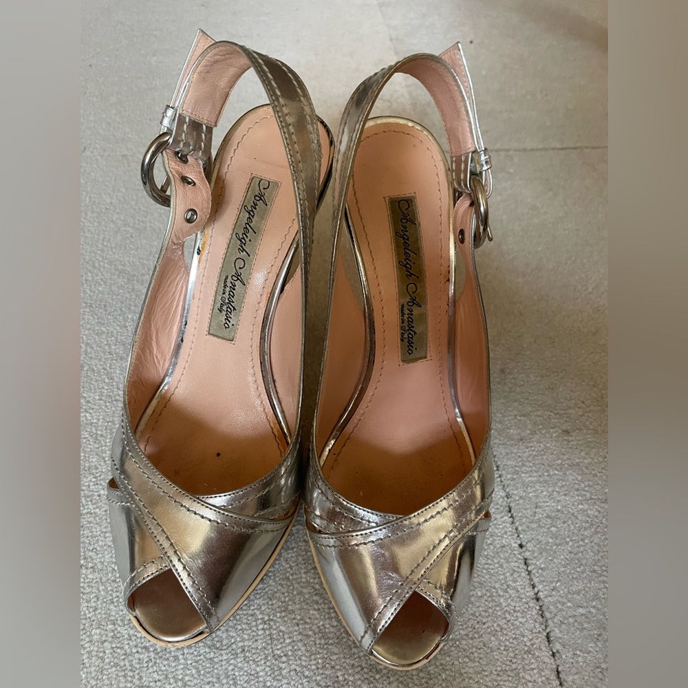 Size 5 Angeleigh Anastasio high heels sandals Silver & off white Used Made Italy